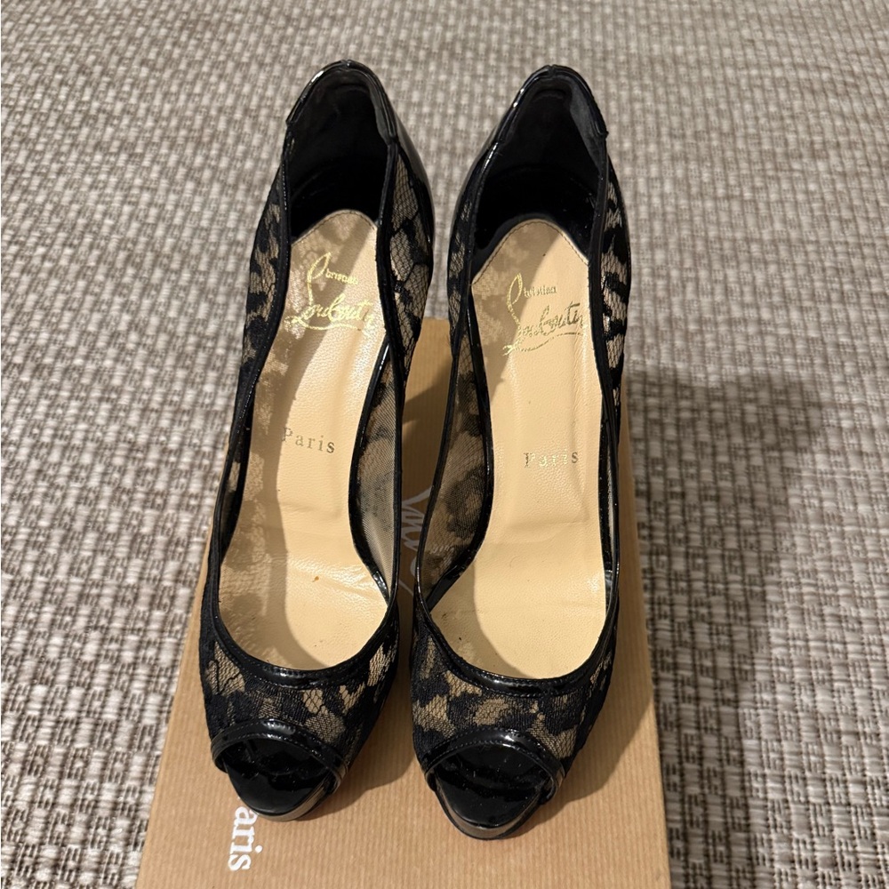 Christian Louboutin Ambro Pizzo Black Sexy Lace Peep Toe Heels